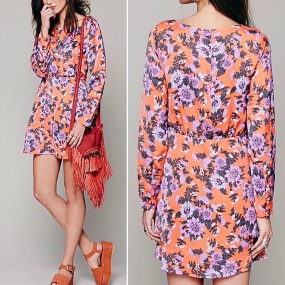 Free People Dresses & Skirts - FREE PEOPLE Parker Floral Print Long Sleeve Boho Mini Dress Orange Sz 12